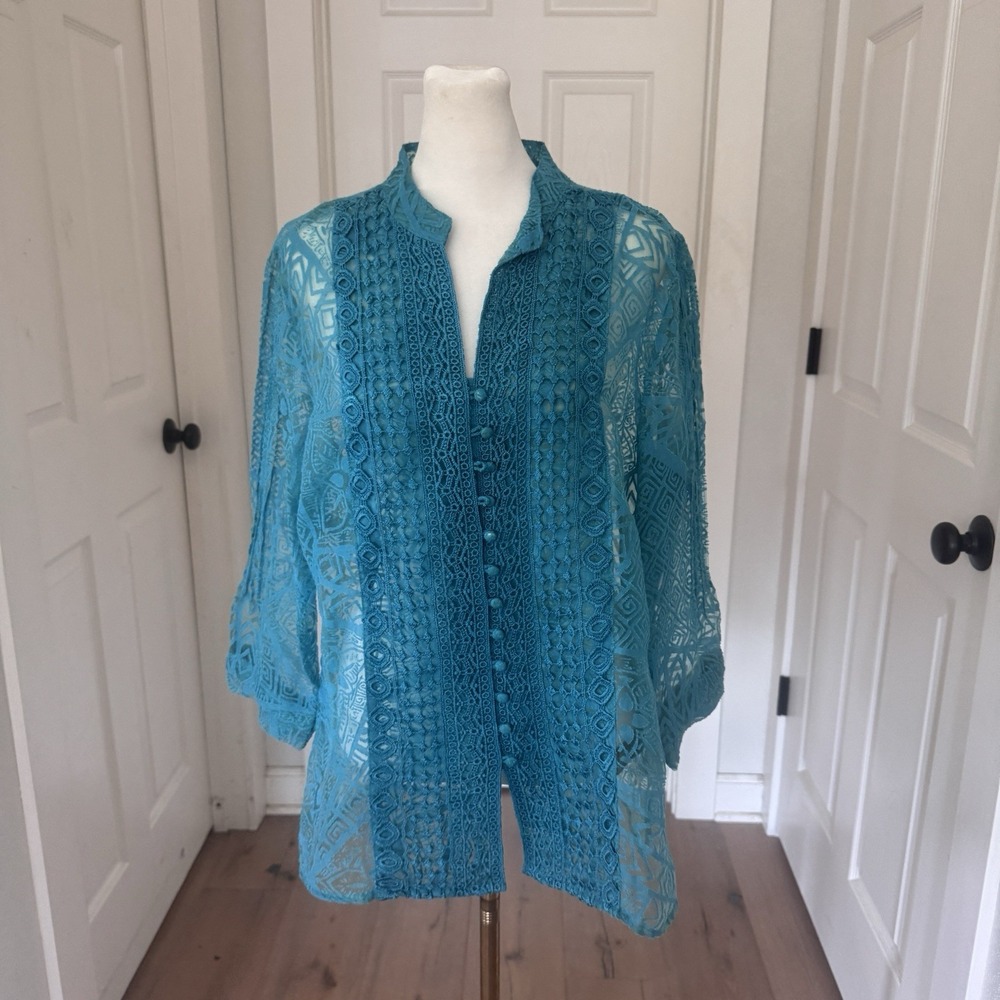 Multiples Women Blouse Sz‎ Medium Sheer Lace Burnout Abstract Artsy Jacket Top